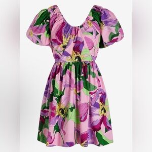 NWT Express Cotton Floral V-Neck Puff Sleeve Poplin Mini Dress XS